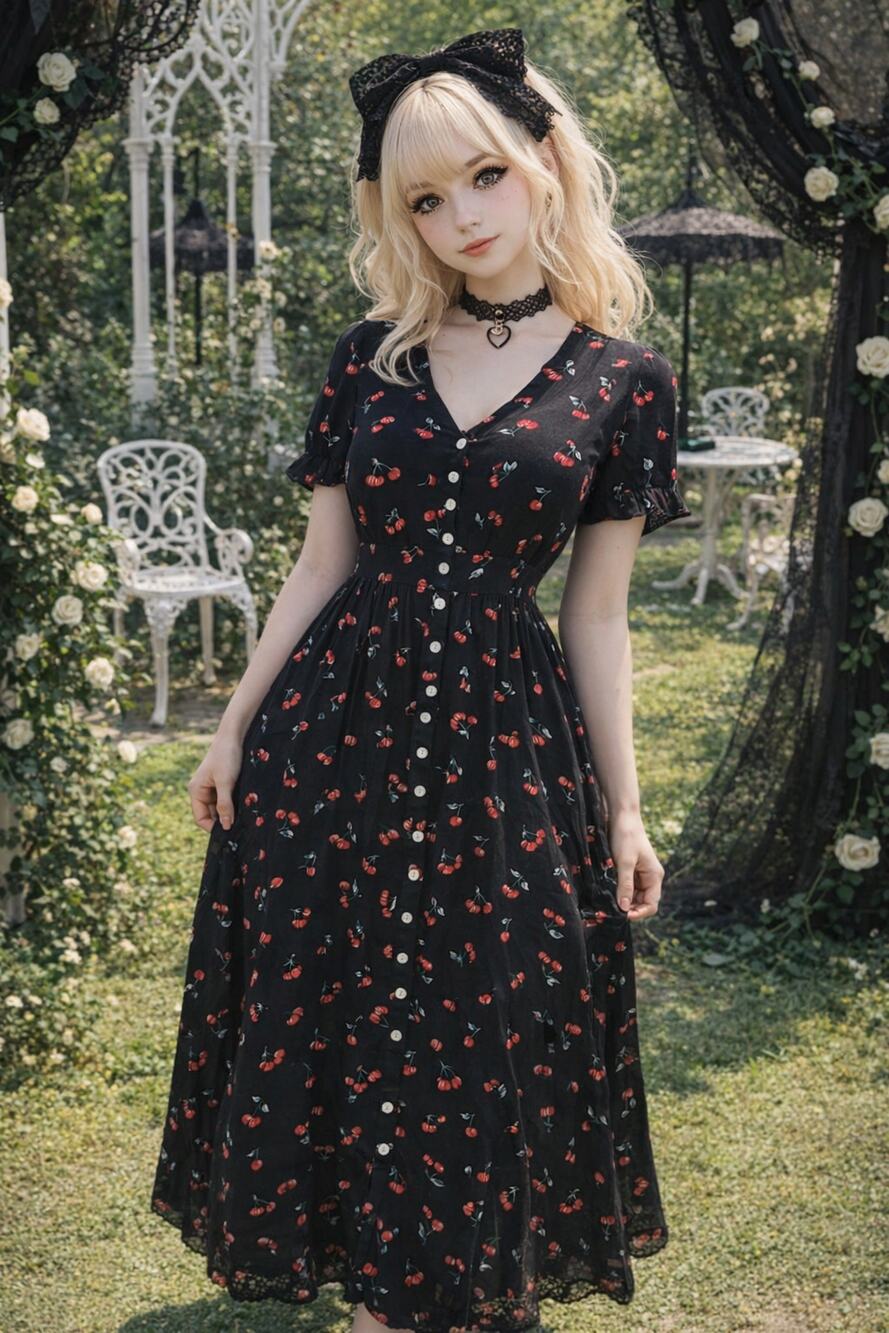 Cherry Print Black Midi Maxi Dress M Retro